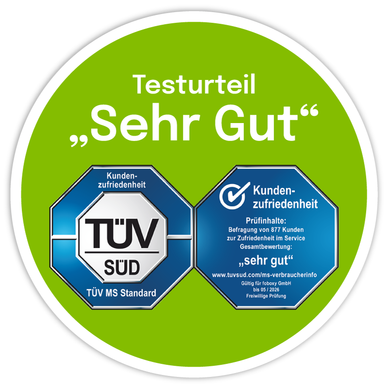 TÜV Siegel zur Kundenzufriedenheit in einem grünen Kreis.